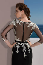Embroidered Black Evening Dress with Sheer Sleeves