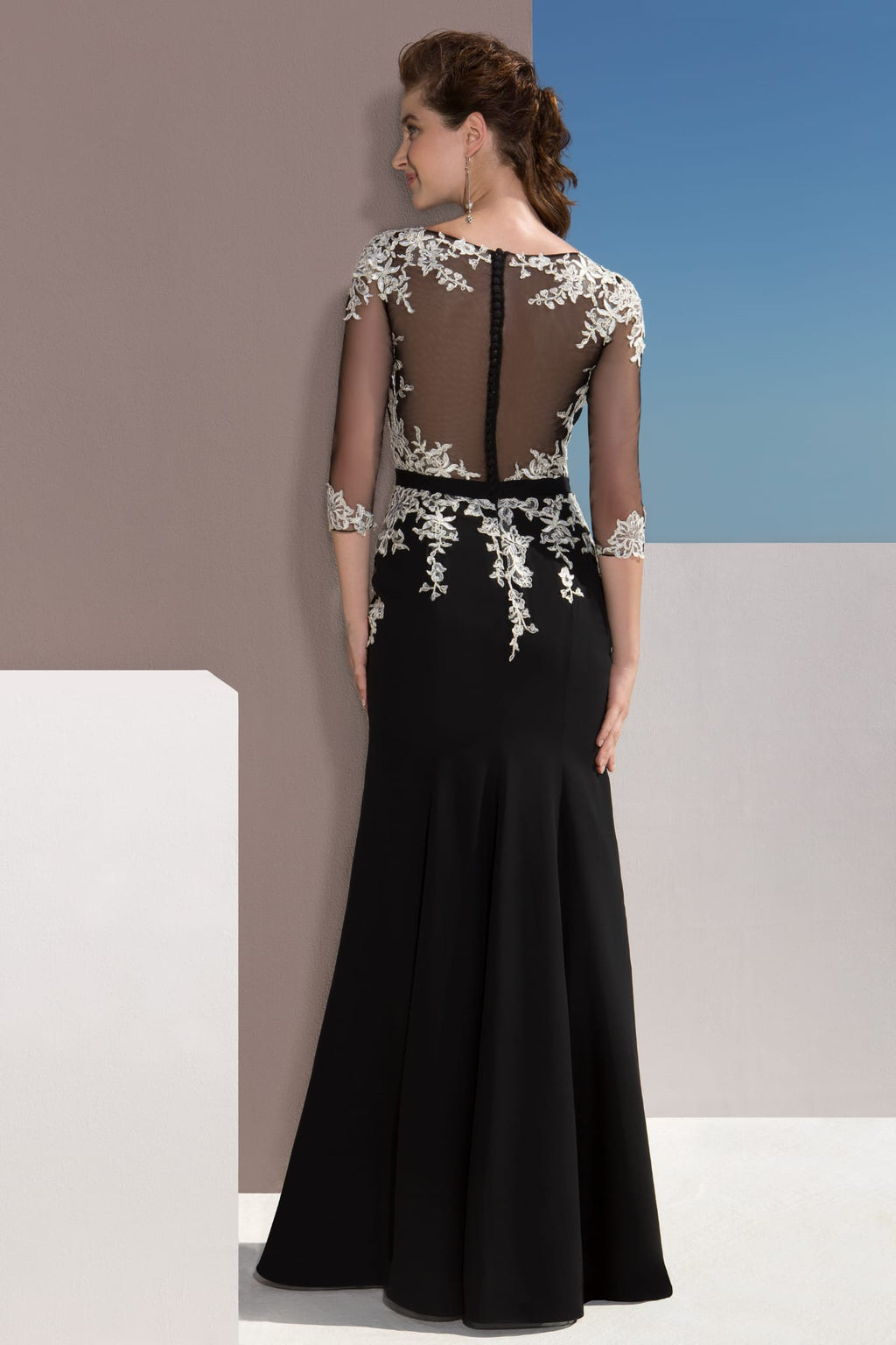 Embroidered Black Evening Dress with Sheer Sleeves