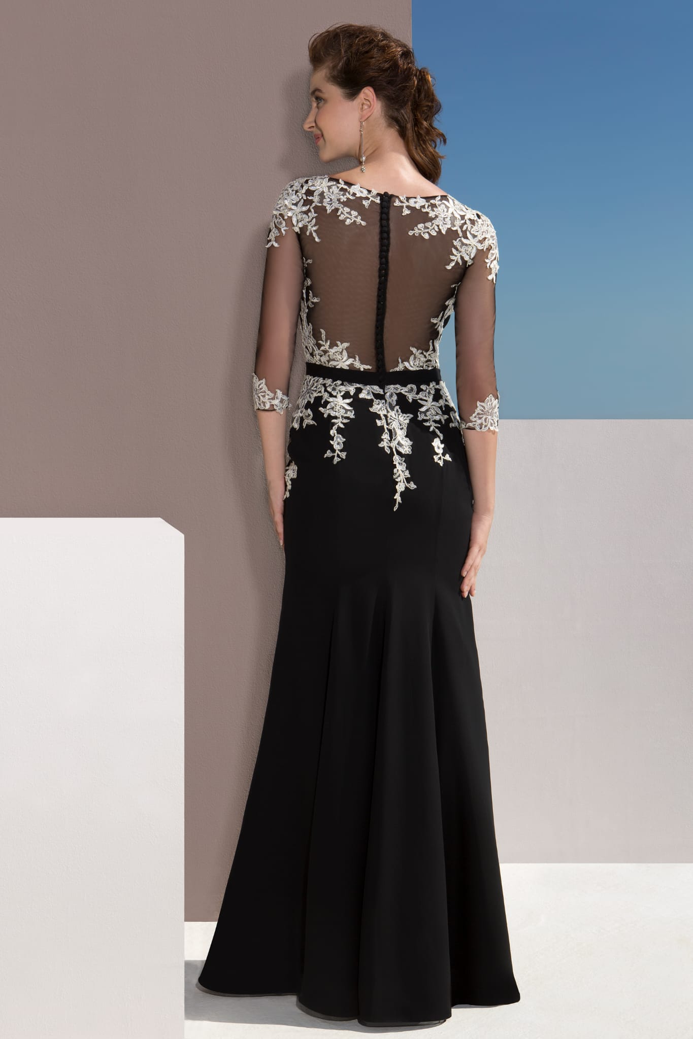Embroidered Black Evening Dress with Sheer Sleeves
