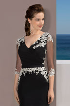 Embroidered Black Evening Dress with Sheer Sleeves