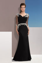 Embroidered Black Evening Dress with Sheer Sleeves