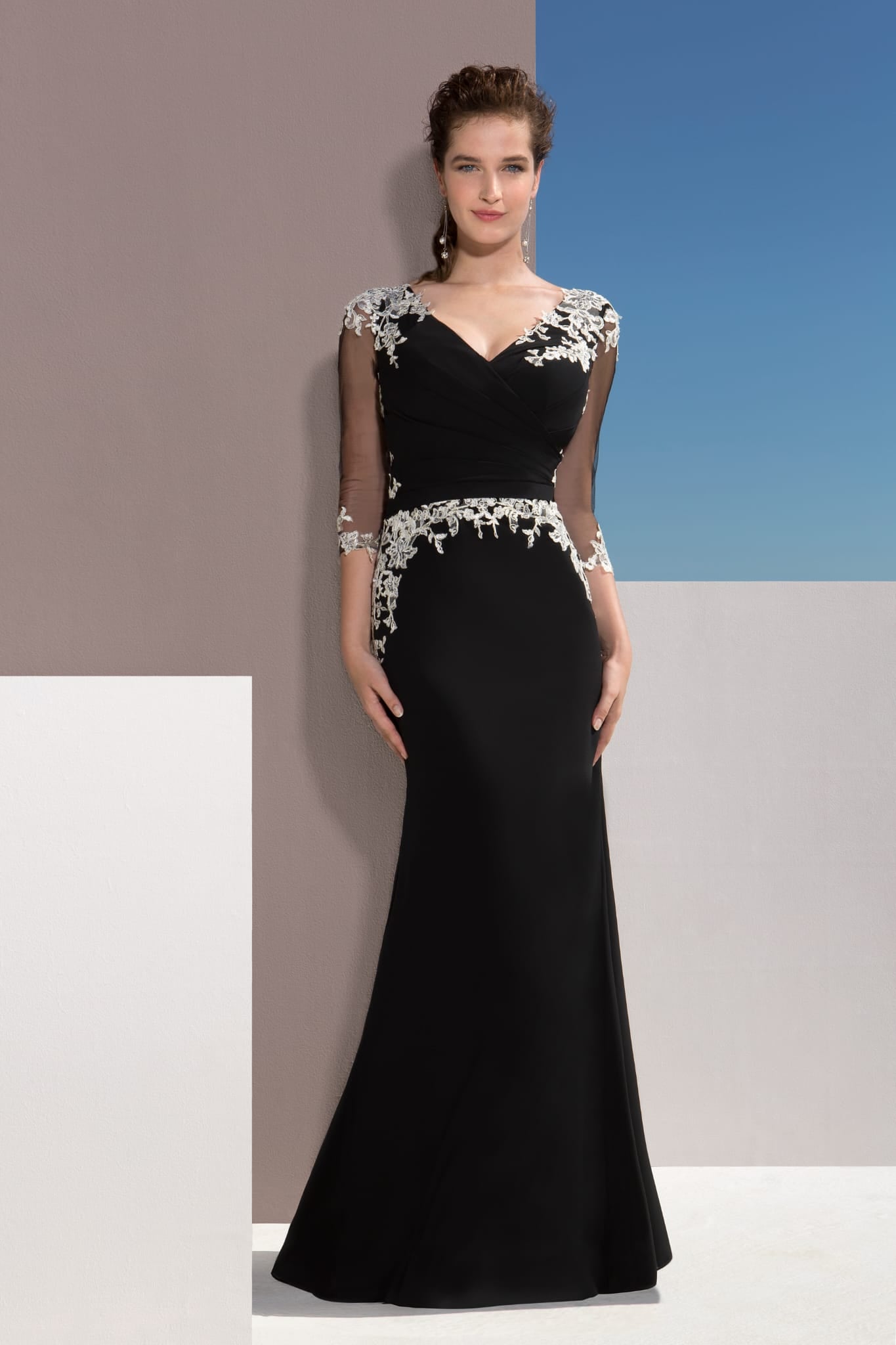 Embroidered Black Evening Dress with Sheer Sleeves