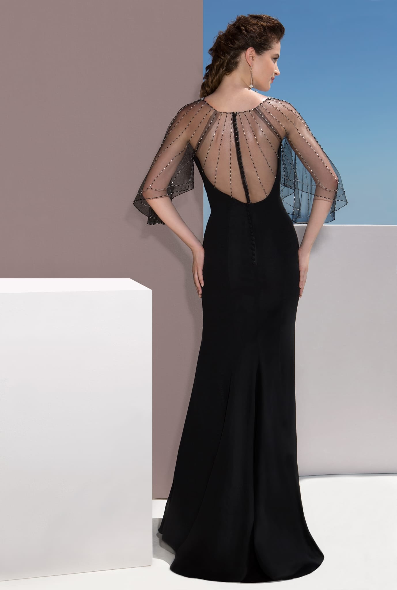 Black Mermaid Dress with Beaded Sheer Butterfly Sleeves