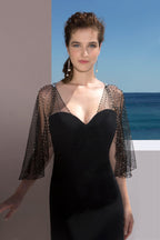 Black Mermaid Dress with Beaded Sheer Butterfly Sleeves
