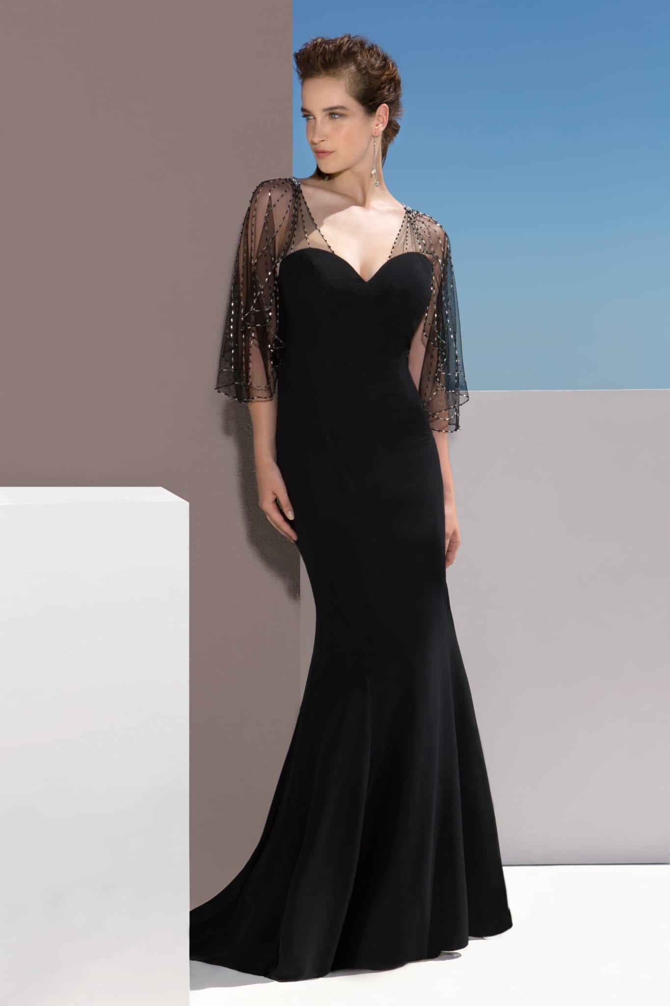 Black Mermaid Dress with Beaded Sheer Butterfly Sleeves