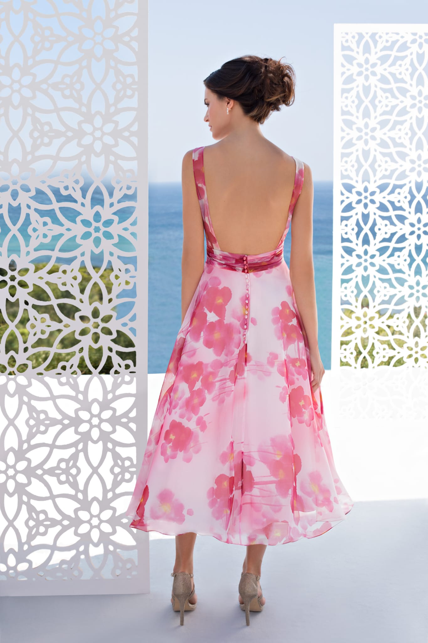 Floral Silk Dress with Open Back and Sweetheart Neckline