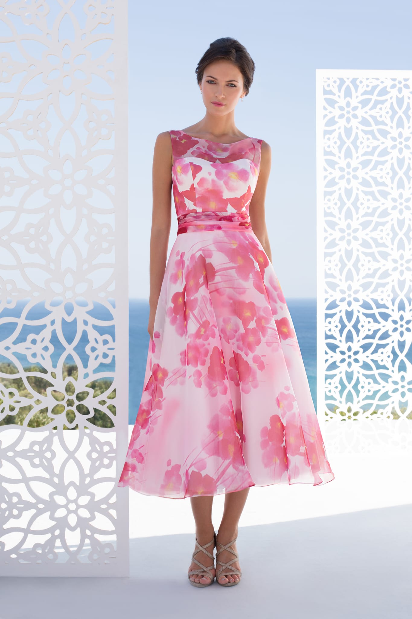 Floral Silk Dress with Open Back and Sweetheart Neckline