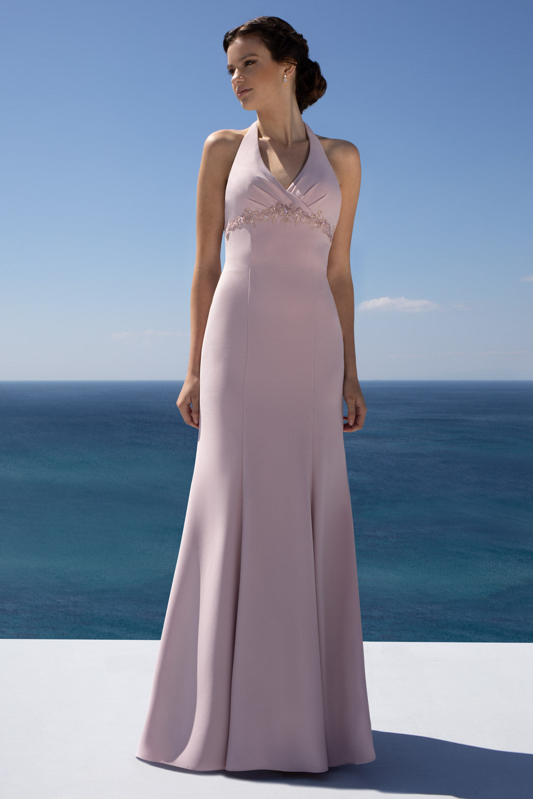 Dusty Lilac Halter-Neck Mermaid Maxi Dress with Lace and Open Back