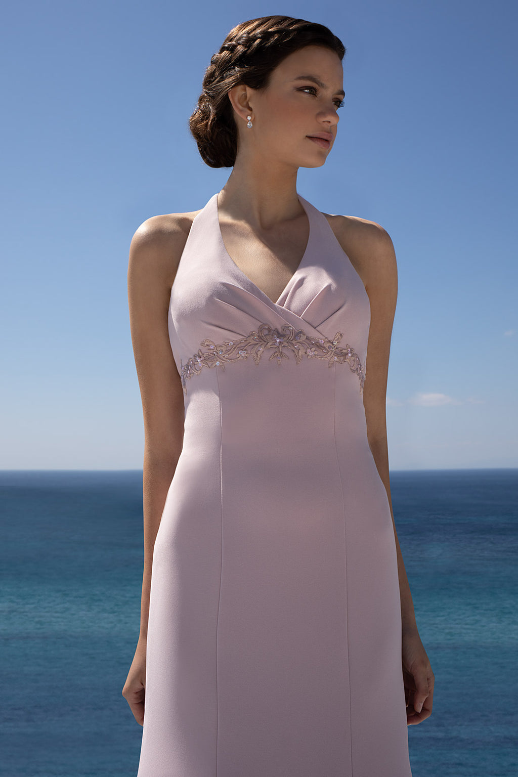 Dusty Lilac Halter-Neck Mermaid Maxi Dress with Lace and Open Back