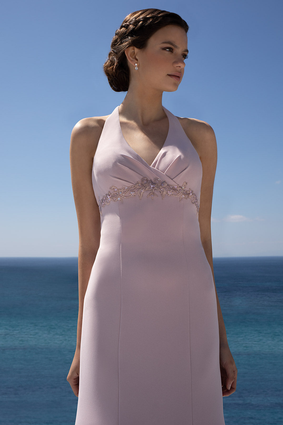 Dusty Lilac Halter-Neck Mermaid Maxi Dress with Lace and Open Back