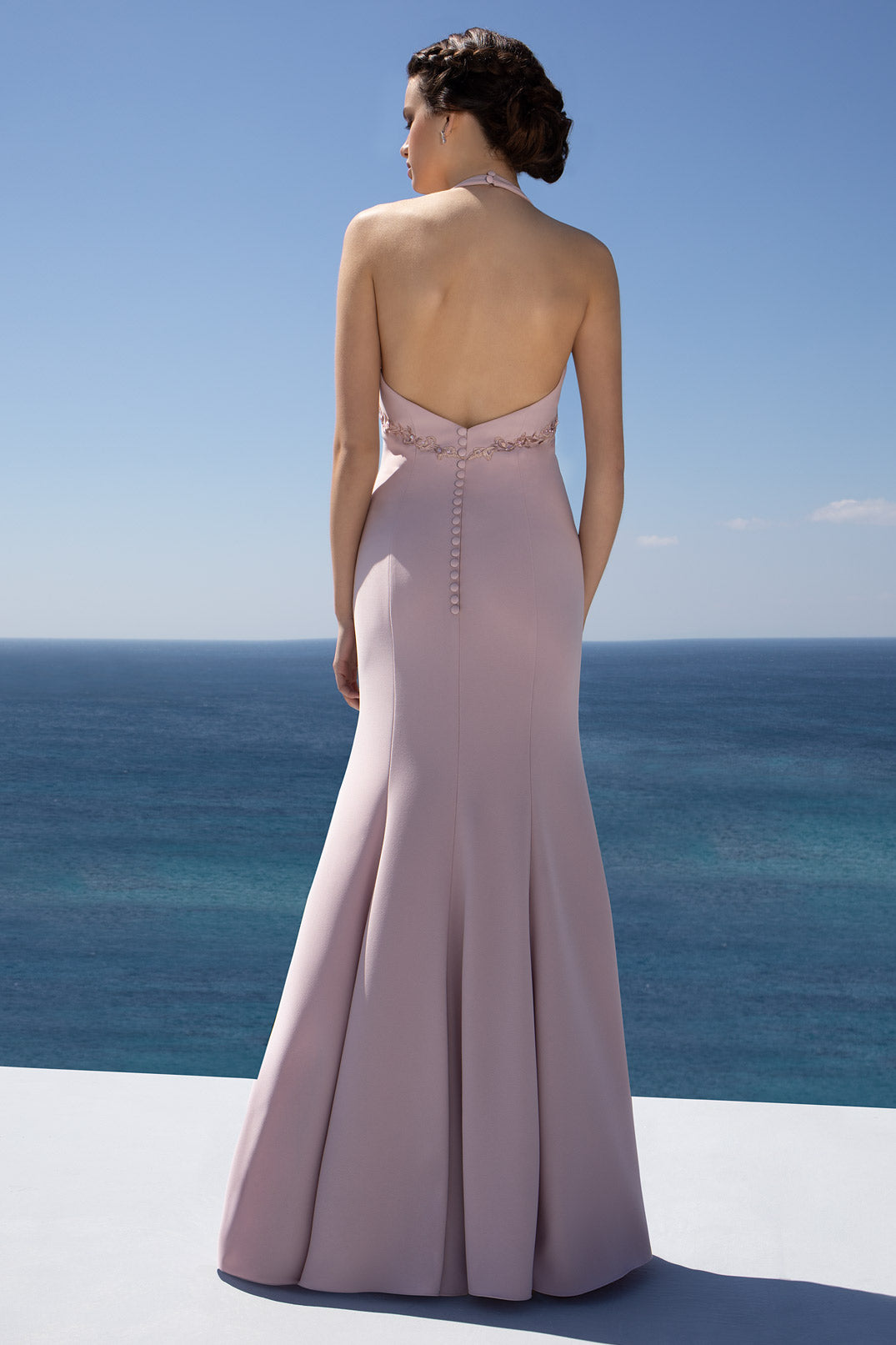 Dusty Lilac Halter-Neck Mermaid Maxi Dress with Lace and Open Back
