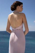 Dusty Lilac Halter-Neck Mermaid Maxi Dress with Lace and Open Back