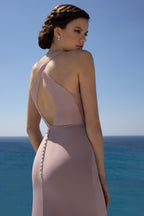 Dusty Lilac Mermaid Maxi Dress with Sheer V-Neck and Twisted Open-Back Straps