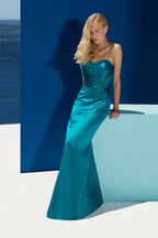 Blue Satin Strapless A-Line Maxi Dress with Lace-Up Back
