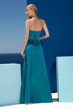 Blue Satin Strapless A-Line Maxi Dress with Lace-Up Back