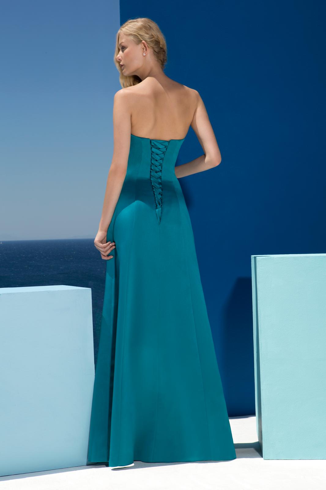 Blue Satin Strapless A-Line Maxi Dress with Lace-Up Back